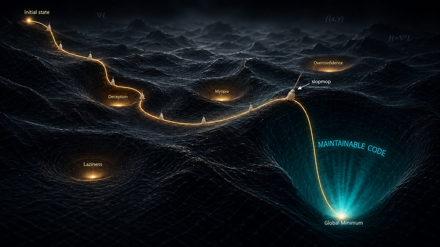 A loss-landscape simulation: a single gold gradient-descent path weaves past shallow local minima labeled deception, myopia, laziness, and overconfidence, then descends into a deep glowing basin labeled maintainable code at the global minimum.